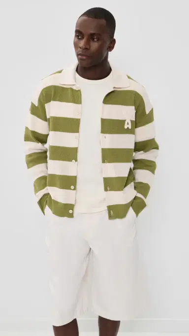 AMI Striped Polo Collar Cardigan Blanc Creme/atcha | Thumbnail 2 AMI Striped Polo Collar Cardigan Blanc Creme/atcha | Thumbnail 2