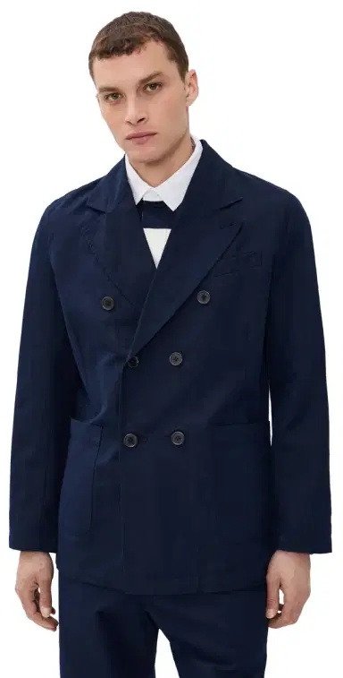 UNIVERSAL WORKS Manor Double Breasted Linen Jacket Navy | Thumbnail 1 UNIVERSAL WORKS Manor Double Breasted Linen Jacket Navy | Thumbnail 1