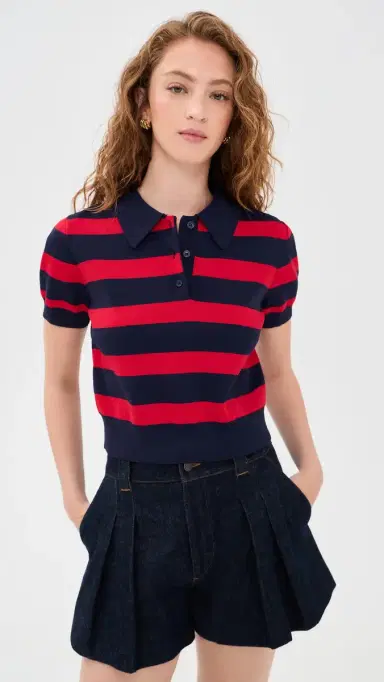 English Factory Striped Polo Knit Top Navy/Red | Thumbnail 2 English Factory Striped Polo Knit Top Navy/Red | Thumbnail 2
