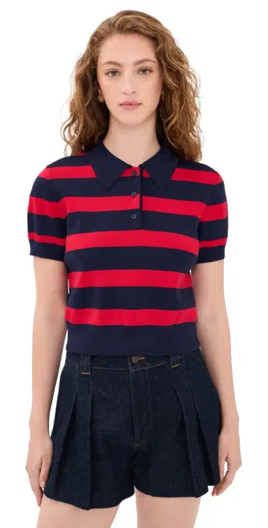 English Factory Striped Polo Knit Top Navy/Red | Thumbnail 1 English Factory Striped Polo Knit Top Navy/Red | Thumbnail 1
