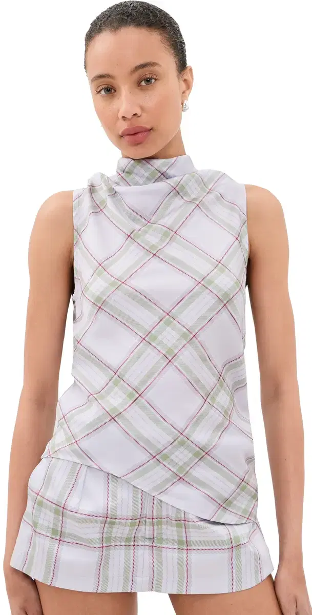 Lightweight Drill Cowl Neck Top Tartan Plaid