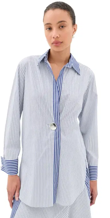 MARQUES ALMEIDA Patchwork Overlapping Front Tailored Shirt Blue Stripe 8 | Thumbnail 1 MARQUES ALMEIDA Patchwork Overlapping Front Tailored Shirt Blue Stripe 8 | Thumbnail 1