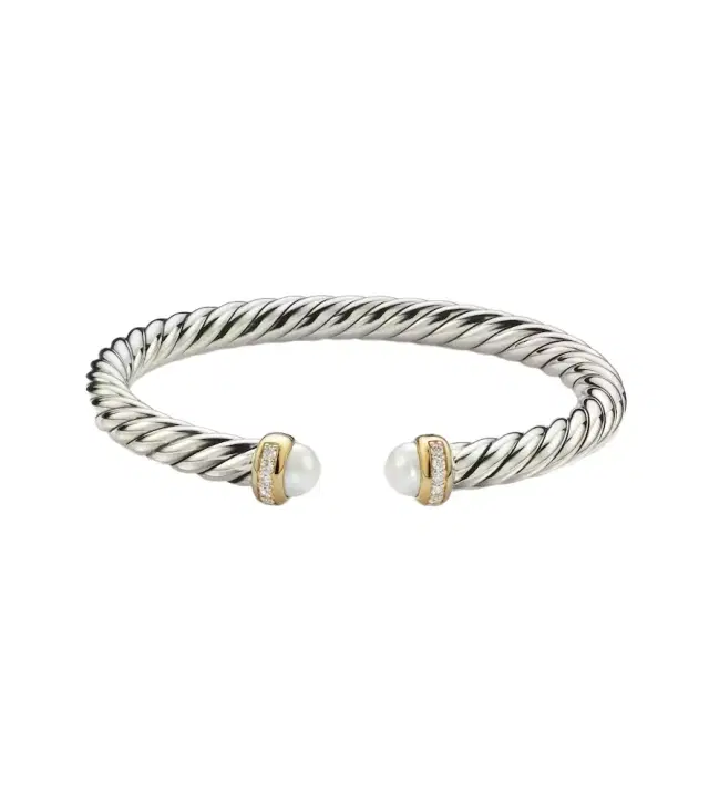 David Yurman Cable Flex sterling silver and 14kt gold cuff bracelet with diamonds and pearls