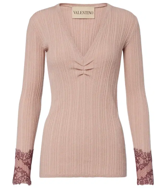 Valentino Gathered lace-trimmed cashmere sweater