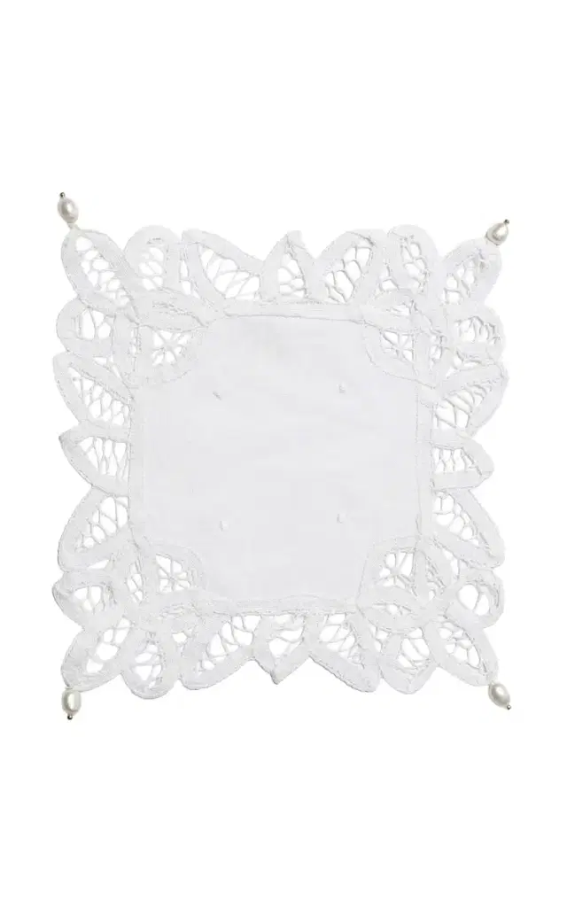 Gohar World Square Lace Doily with Pearls - White
