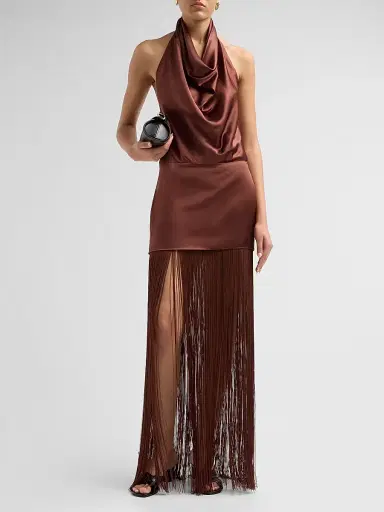 Retrofête Women's Cyrelle Cowl Fringe Dress - Chestnut - Size Large | Thumbnail 2