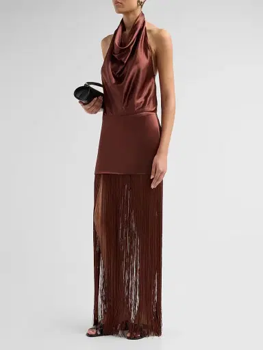 Retrofête Women's Cyrelle Cowl Fringe Dress - Chestnut - Size Large | Thumbnail 4