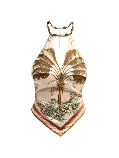 Retrofête Women's Zaphira Necklace Halter Top - Ochre Palma | Thumbnail 1