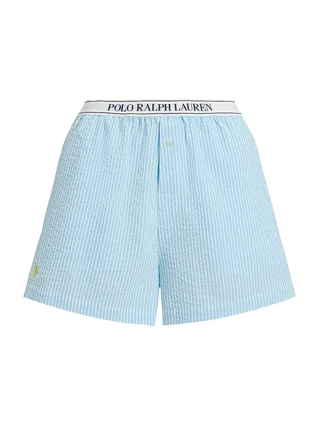 Women's Seersucker Logo Waistband Boxer Shorts - Baltic Sea