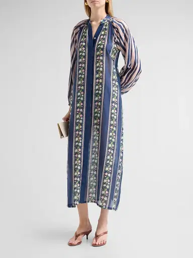 VERANDAH Women's Ammama Indira Cotton-Silk Midi Dress - Navy Blue - Size Large | Thumbnail 4