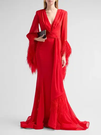 Bronx and Banco Women's Geisha Ostrich Feather-Trim Gown - Flame | Thumbnail 2