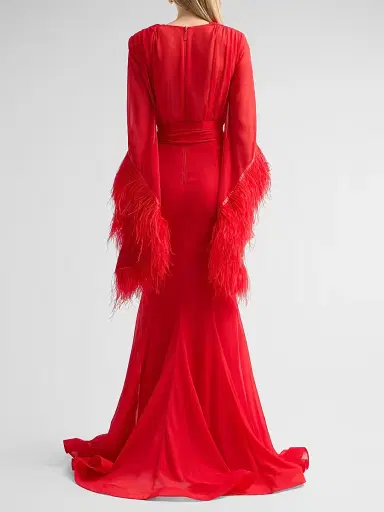 Bronx and Banco Women's Geisha Ostrich Feather-Trim Gown - Flame | Thumbnail 3