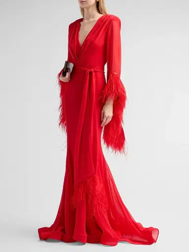 Bronx and Banco Women's Geisha Ostrich Feather-Trim Gown - Flame | Thumbnail 4
