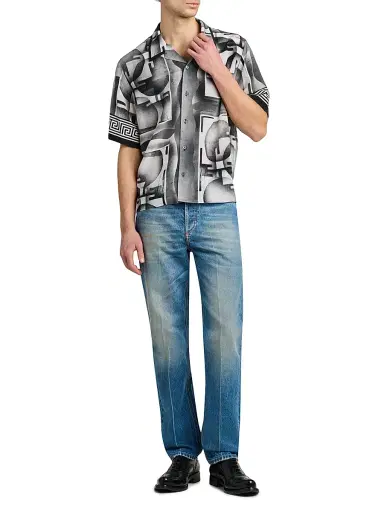Versace Men's Deco Greca Silk Camp Shirt - Black White - Size 46 | Thumbnail 2
