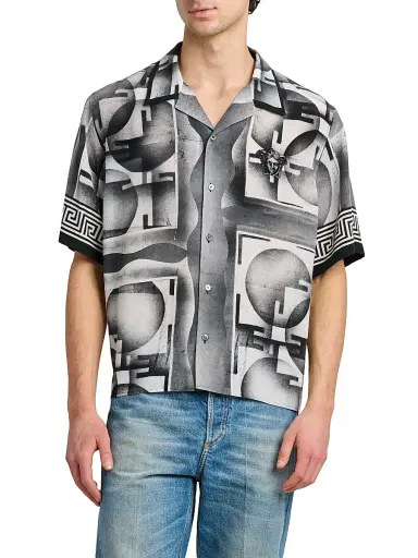 Versace Men's Deco Greca Silk Camp Shirt - Black White - Size 46 | Thumbnail 3