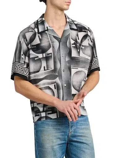 Versace Men's Deco Greca Silk Camp Shirt - Black White - Size 46 | Thumbnail 4