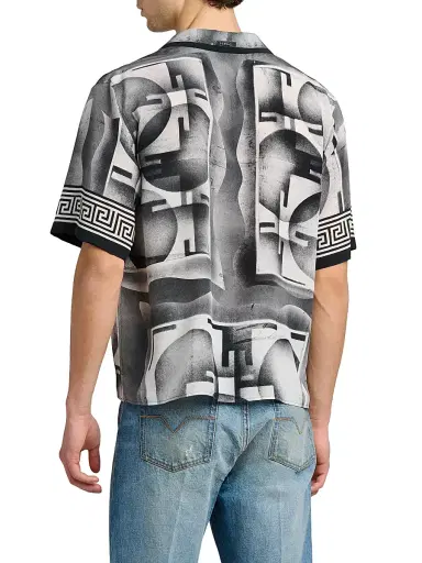 Versace Men's Deco Greca Silk Camp Shirt - Black White - Size 46 | Thumbnail 5