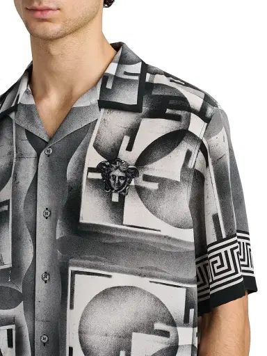 Versace Men's Deco Greca Silk Camp Shirt - Black White - Size 46 | Thumbnail 6
