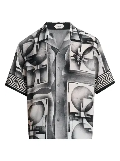 Versace Men's Deco Greca Silk Camp Shirt - Black White - Size 46 | Thumbnail 1