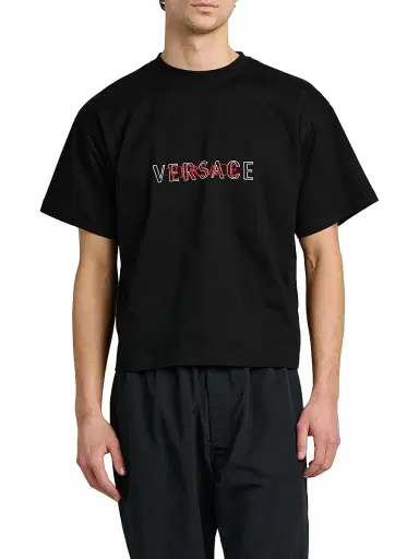 Versace Men's Logo-Embroidered Cotton T-Shirt - Black | Thumbnail 3