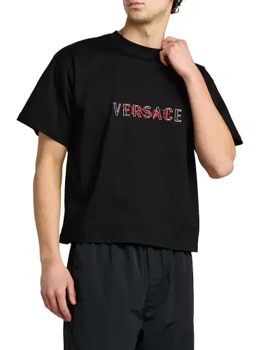 Versace Men's Logo-Embroidered Cotton T-Shirt - Black | Thumbnail 4