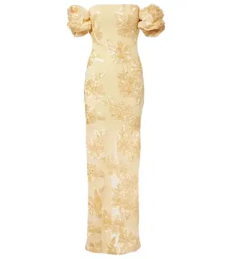 ROTATE Floral-appliqué off-shoulder maxi dress