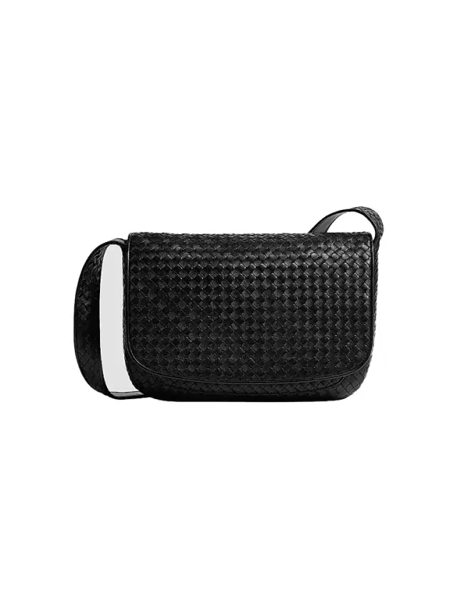 Bottega Veneta Men's Intrecciato Fluffy Leather Messenger Bag - Black Silver