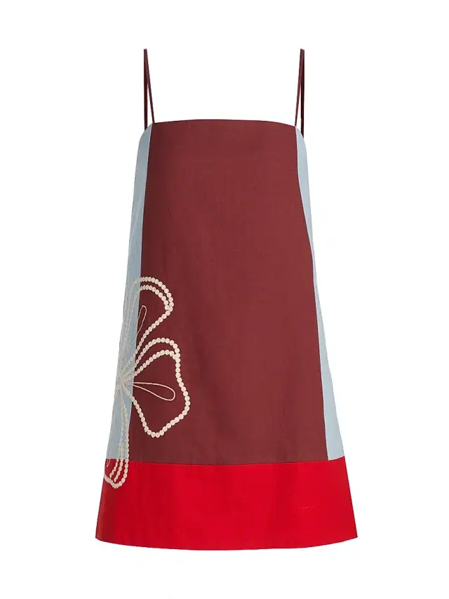 Women's Bianca Floral Colorblocked Cotton-Linen Minidress - Redwood Multi