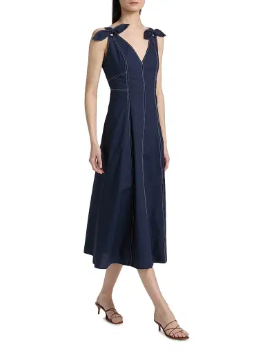 TANYA TAYLOR Women's Caprice Cotton Denim A-Line Midi-Dress - Maritime Blue - Size 14 | Thumbnail 4