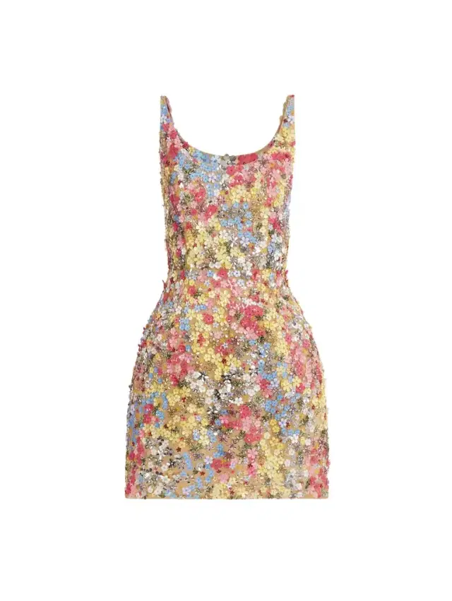 Oscar de la Renta Porcelain Flower Embroidered Sleeveless Dress