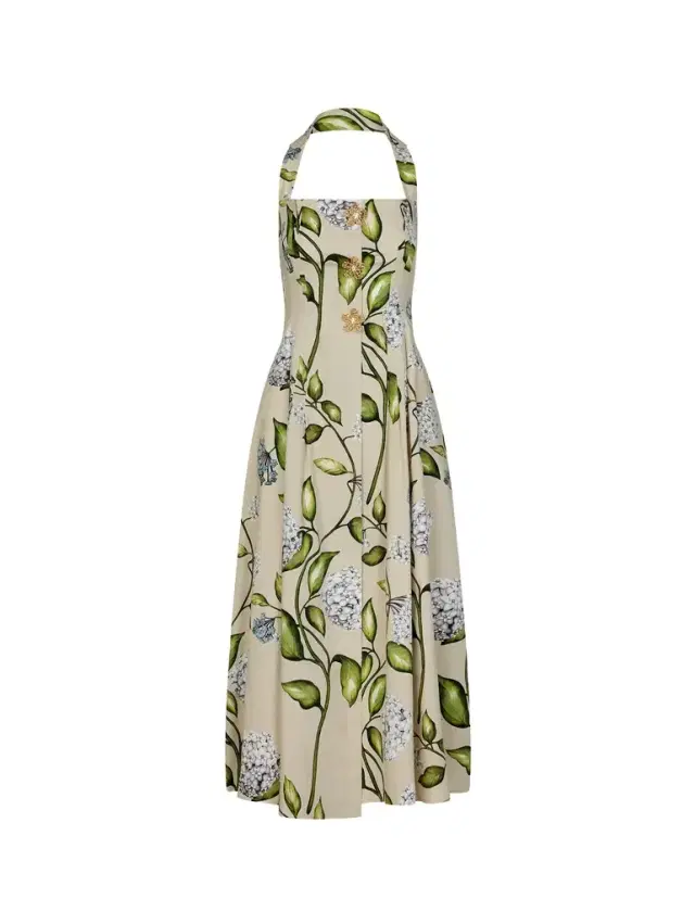 Oscar de la Renta Porcelain Flower Cotton Poplin Halter Dress