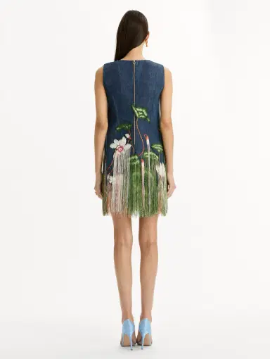 Oscar de la Renta Chiné Cyclamen Threadwork Fringe Shift Dress | Thumbnail 3