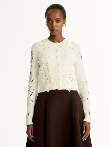 Oscar de la Renta Porcelain Flower Guipure Insert Cardigan | Thumbnail 2 Oscar de la Renta Porcelain Flower Guipure Insert Cardigan | Thumbnail 2