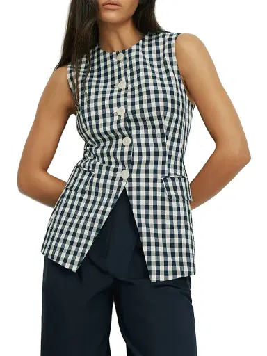 Veronica Beard Women's Lois Gingham Longline Vest - Navy Dove - Size 16 | Thumbnail 3