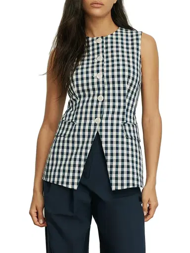 Veronica Beard Women's Lois Gingham Longline Vest - Navy Dove - Size 16 | Thumbnail 4
