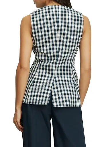 Veronica Beard Women's Lois Gingham Longline Vest - Navy Dove - Size 16 | Thumbnail 5
