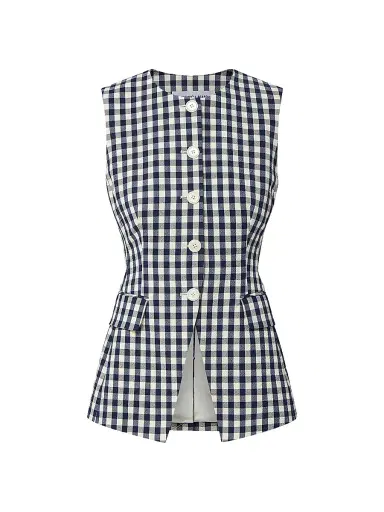 Veronica Beard Women's Lois Gingham Longline Vest - Navy Dove - Size 16 | Thumbnail 1