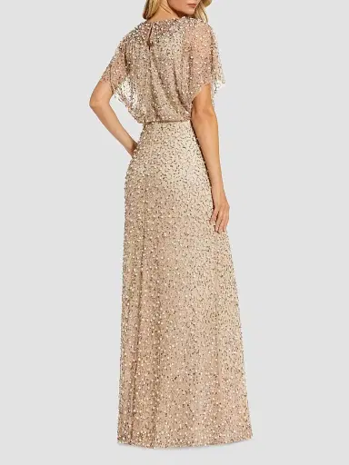 Mac Duggal Women's Petite Embellished Tulle Flutter-Sleeve Shawl Gown - Beige Gold - Size Petite 16 | Thumbnail 2 Mac Duggal Women's Petite Embellished Tulle Flutter-Sleeve Shawl Gown - Beige Gold - Size Petite 16 | Thumbnail 2