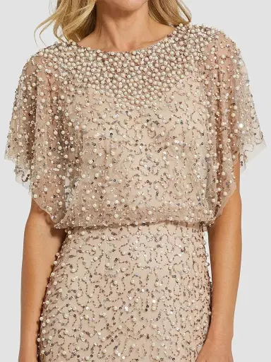 Mac Duggal Women's Petite Embellished Tulle Flutter-Sleeve Shawl Gown - Beige Gold - Size Petite 16 | Thumbnail 3 Mac Duggal Women's Petite Embellished Tulle Flutter-Sleeve Shawl Gown - Beige Gold - Size Petite 16 | Thumbnail 3