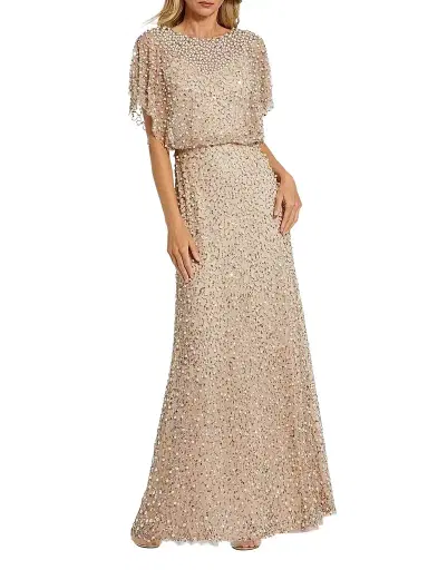 Mac Duggal Women's Petite Embellished Tulle Flutter-Sleeve Shawl Gown - Beige Gold - Size Petite 16 | Thumbnail 1 Mac Duggal Women's Petite Embellished Tulle Flutter-Sleeve Shawl Gown - Beige Gold - Size Petite 16 | Thumbnail 1