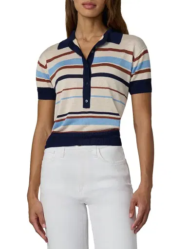 Joe's Jeans Women's The Stella Striped Polo Sweater - Oatmeal Azure Multi | Thumbnail 3