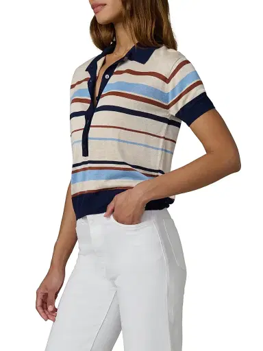 Joe's Jeans Women's The Stella Striped Polo Sweater - Oatmeal Azure Multi | Thumbnail 4