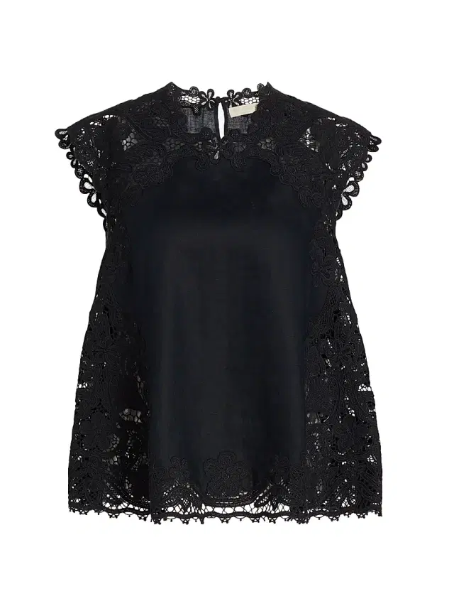 Women's Amelie Floral-Embroidered Linen Top - Noir