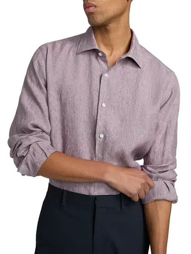 Saks Fifth Avenue Men's COLLECTION Delave Linen Short-Sleeve Shirt - Purple | Thumbnail 6