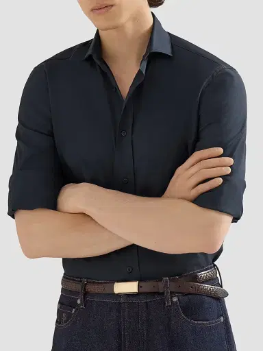 Brunello Cucinelli Men's Garment-Dyed Twill Shirt with Spread Collar - Navy Blue - Size XXXXL | Thumbnail 5