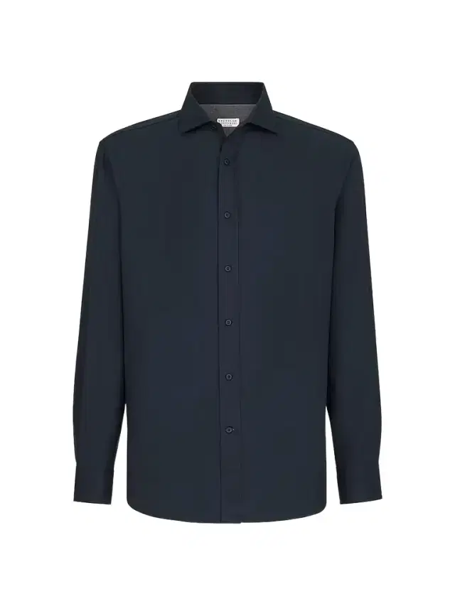 Brunello Cucinelli Men's Garment-Dyed Twill Shirt with Spread Collar - Navy Blue