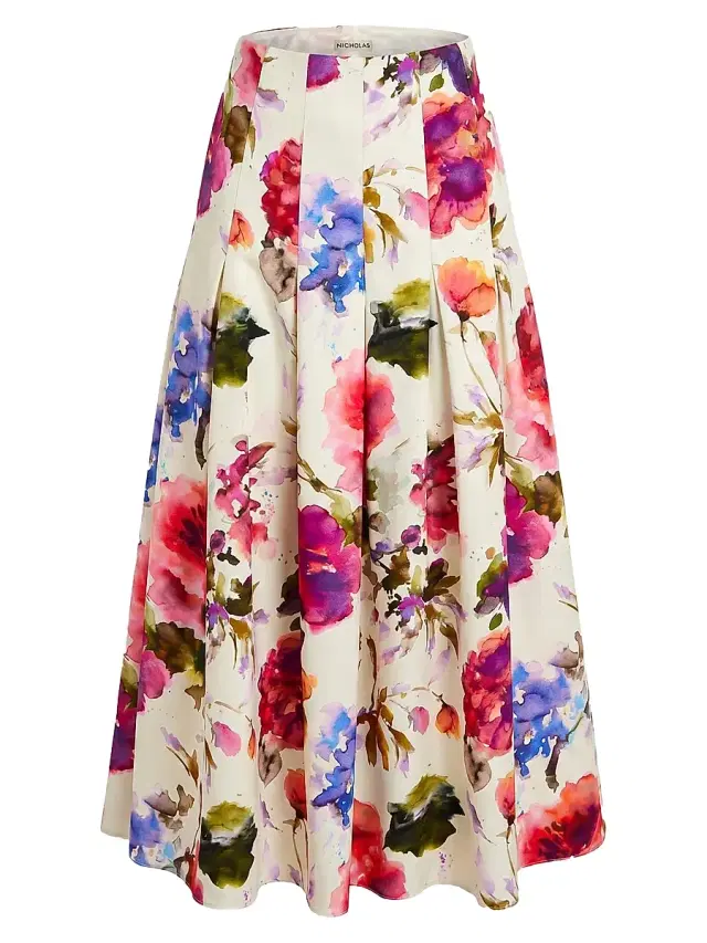 NICHOLAS Women's Jordana Floral Pleated Waist Midi-Skirt - Watercolor Flora