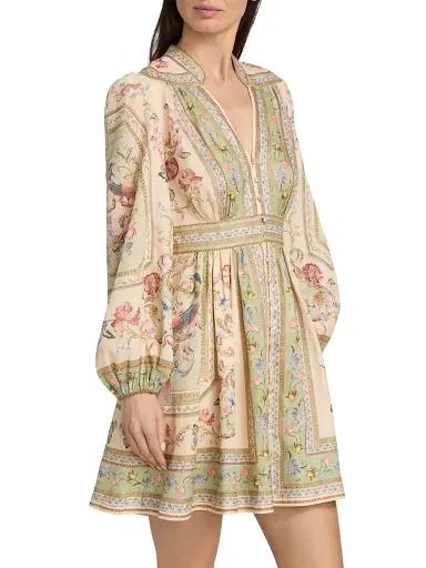 Zimmermann Women's Roselight Plunge Printed Linen Mini Dress | Thumbnail 4 Zimmermann Women's Roselight Plunge Printed Linen Mini Dress | Thumbnail 4