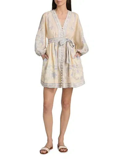 Zimmermann Women's Indra Floral Plunge Linen Minidress - Cream Lilac Floral - Size 10 | Thumbnail 2 Zimmermann Women's Indra Floral Plunge Linen Minidress - Cream Lilac Floral - Size 10 | Thumbnail 2