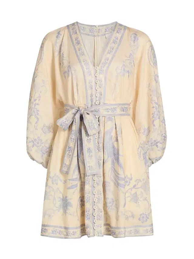 Women's Indra Floral Plunge Linen Minidress - Cream Lilac Floral
